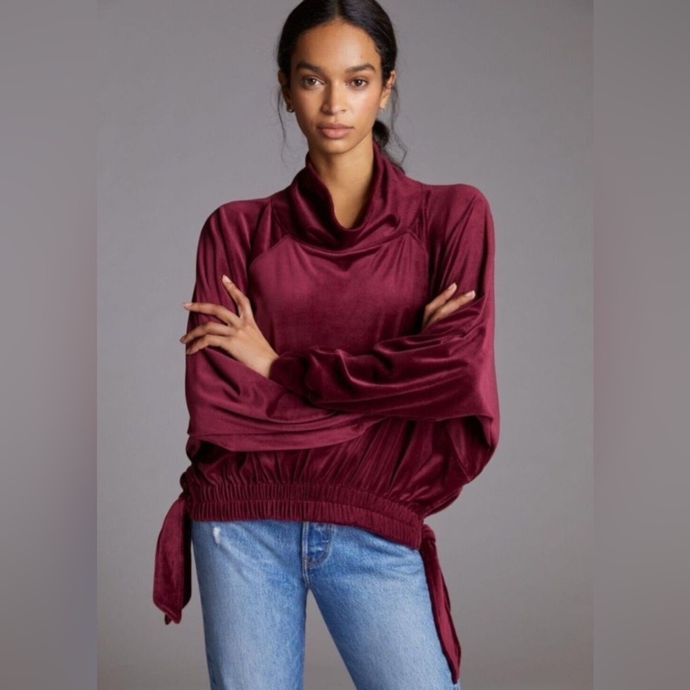 DAILY PRACTICE Anthro Burgundy Side Tie Velvet Pullover Size‎ M